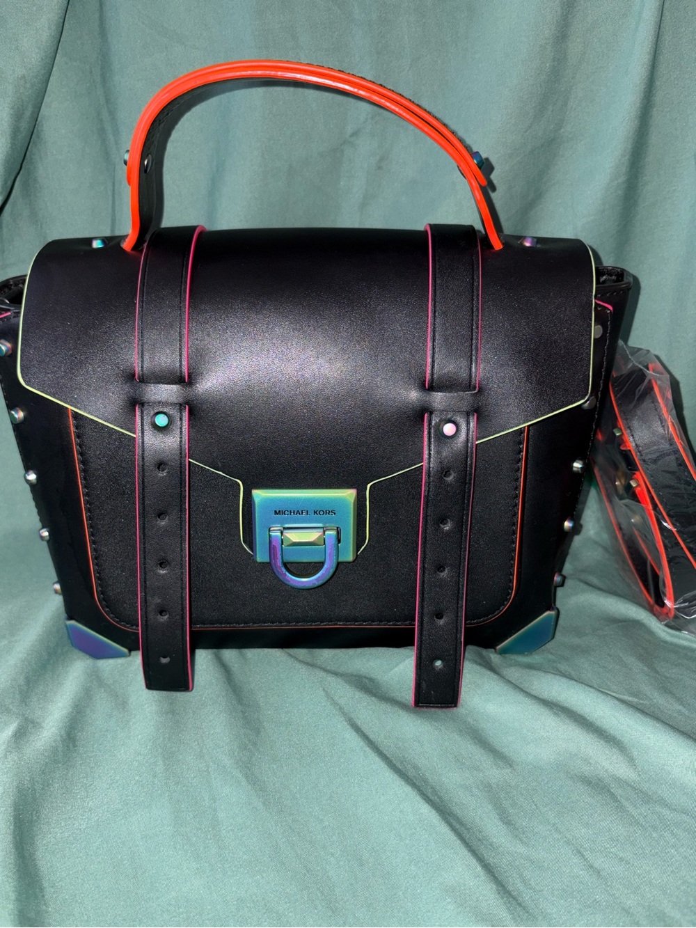 Michael Kors Manhattan Medium Black Leather Satchel Iridescent Rainbow